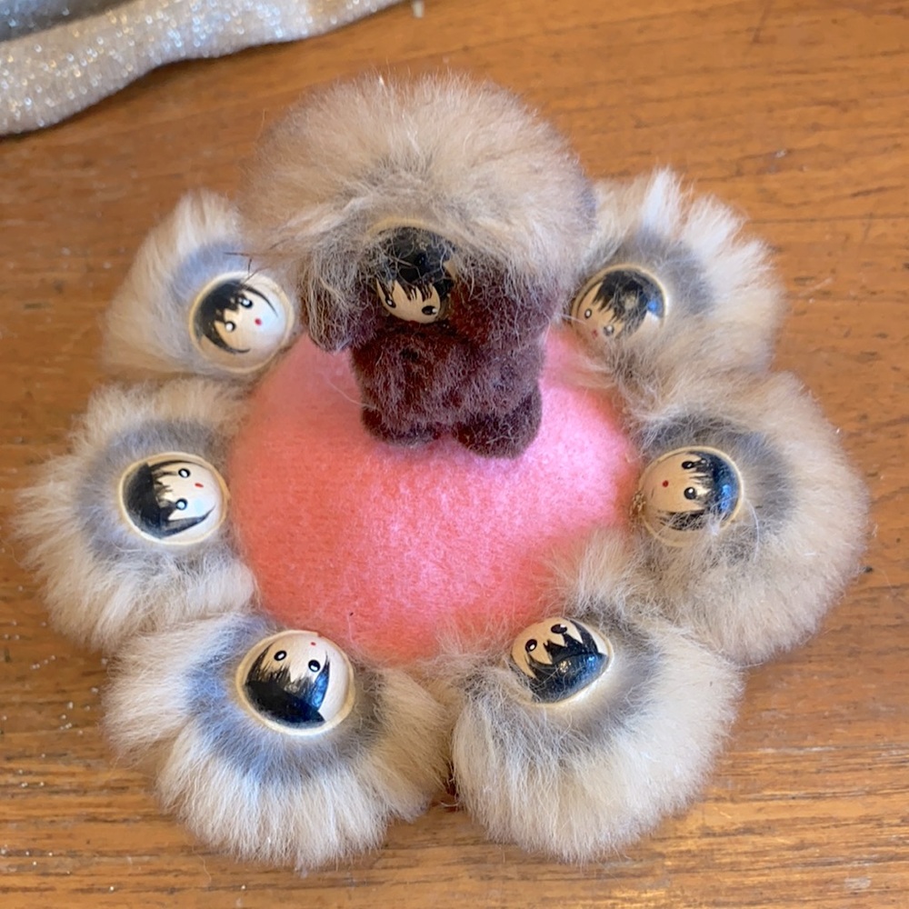 Vintage Reiss made in Alaska pink blanket toss pin cushion trimmed in real fur
